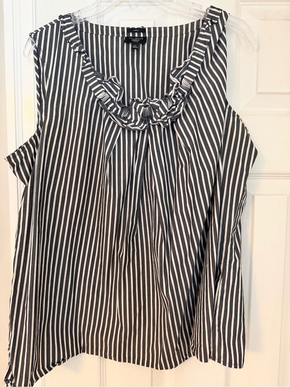 Talbots Black and White Vertical Stripe Ruffled Neck Sleeveless Top